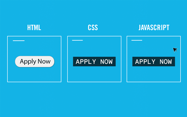 Imagen animada de un botón que dice Apply Now: muestra el HTML, CSS, y JavaScript.